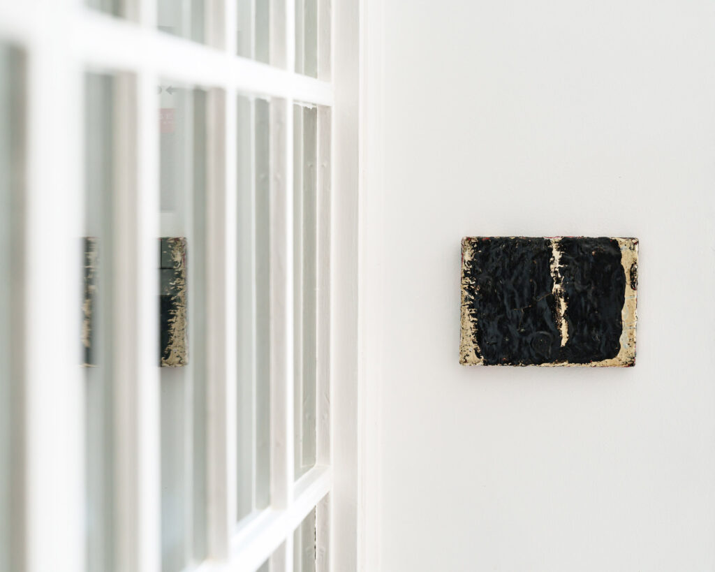 Installation View of Eleanor Bartlett at Vanner Gallery, Painting: Small painting, 2022, Tar and metal paint on canvas 13 x 18cm © Image Courtesy the gallery, Photography by Ash Mills