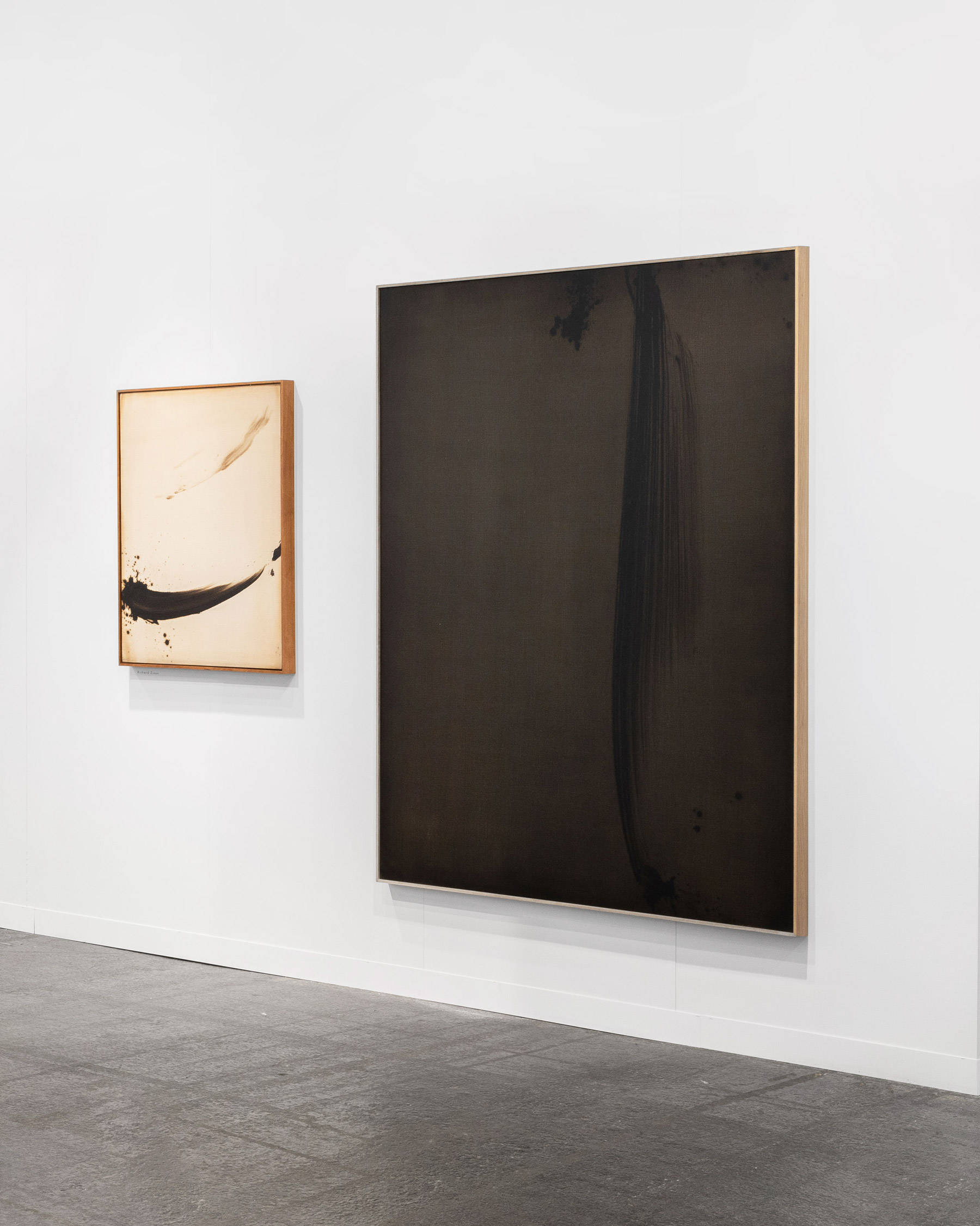 Richard Zinon, from left ro right: "Composition 10", 2024, oil on canvas, 100cm x 80cm, "Composition 3", 2024, oil on canvas, 200cm x 160cm, presented by Cadogan Gallery © The Artist, Photography by Sarah Dorweiler / Aesence