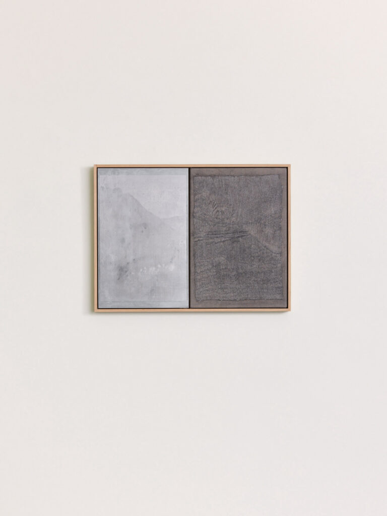 Armando Chant, Grisaille Diptych I (Mist through the morning light), 2023, Hand embroidered linen, wax, pigment powder, etched aluminium panel, pigment wash, varnish, framed: 48h × 64.5w cm © The Artist, Images Courtesy of @Francisgallery, artwork photography by @_tobymitchell