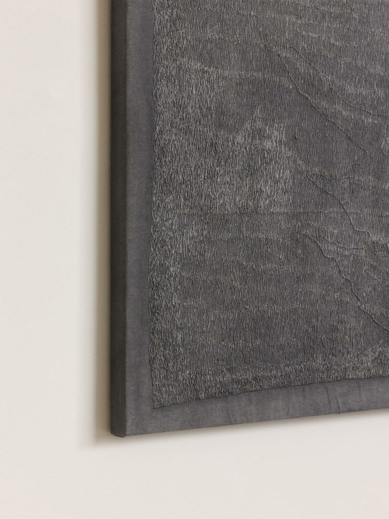 Detail of Grisaille II (Dusk), 2023, Hand embroidered linen, pigment wash, 152h × 168w cm © The Artist, Images Courtesy of @Francisgallery, artwork photography by @_tobymitchell