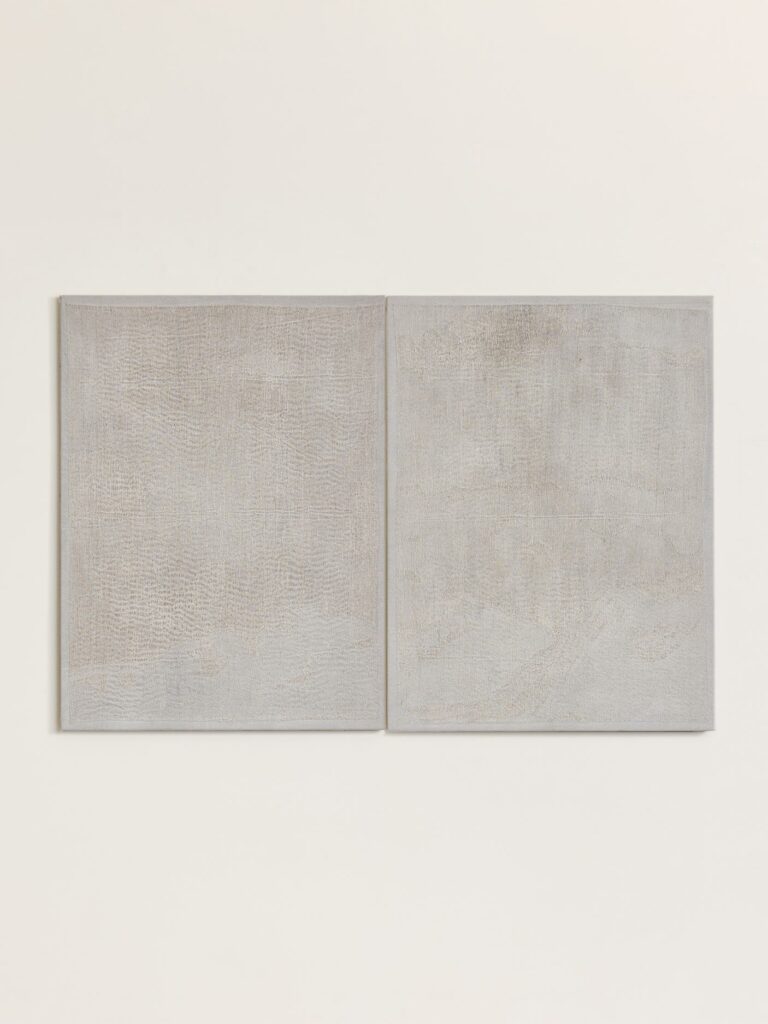 Armando Chant, Grisaille Diptych IV (Mist over Mountain Ridge), 2023, Hand embroidered linen, pigment wash, set of 2, 81,5 × 122,5 cm © The Artist, Images Courtesy of @Francisgallery, artwork photography by @_tobymitchell