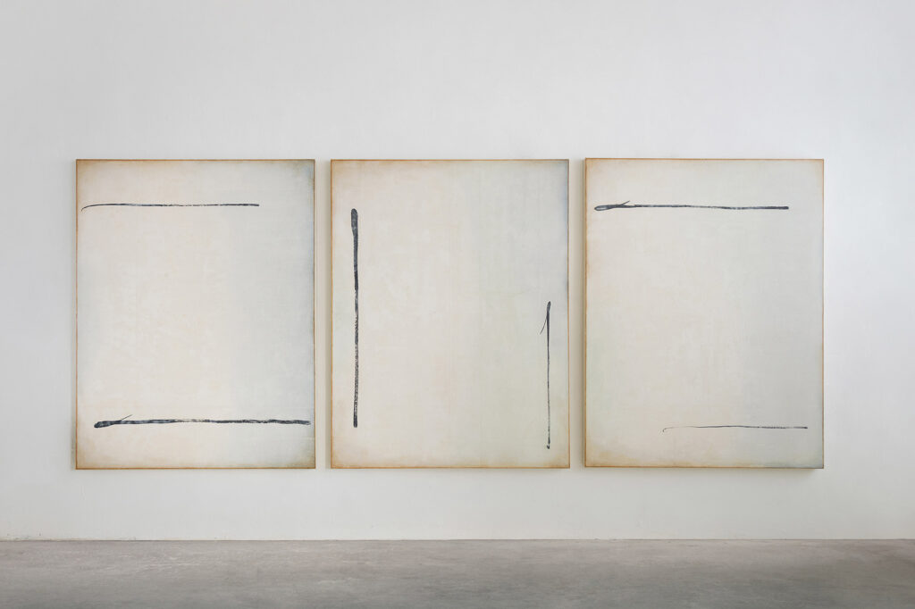 From left to right: Sung Yeonhwa, Identity 24-001-008, 2024, Hanji, mixed media on canvas, 145.5 x 112.1 cm, Identity 24-001-009, 2024, Hanji, mixed media on canvas, 145.5 x 112.1 cm, Identity 24-001-010, Hanji, mixed media on canvas, 145.5 x 112.1 cm © Sung Yeonhwa, Image Courtesy Gallery Joeun Korea