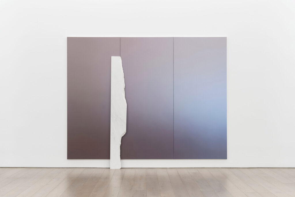 Pieter Vermeersch, Untitled 2024, Oil on canvas, marble slab, 103 9/16 x 137 1/16 x 1 3/8 inches Each panel: : 103 9/16 x 45 11/16 inches © Image Courtesy Perrotin, Photographer : Guillaume Ziccarelli