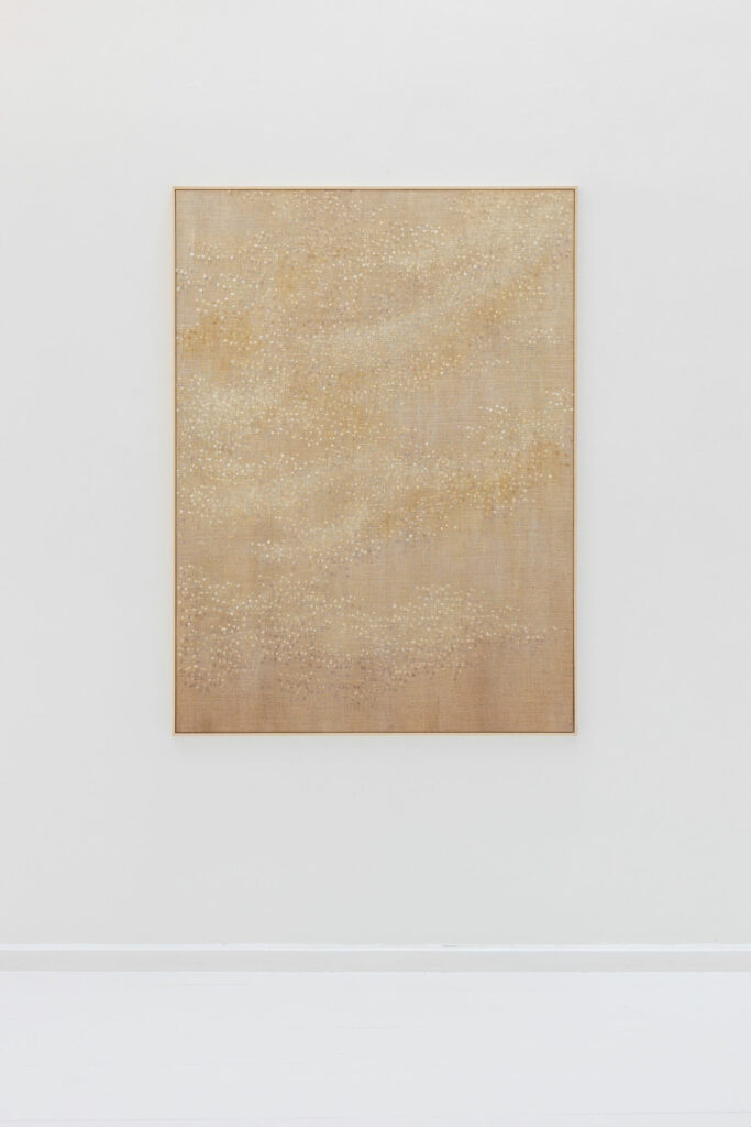 Liam Stevens, Untitled, 2024, Acrylic on jute, 152 x 112 x 3.5 cm © The Artist, Image Courtesy Alzueta Gallery